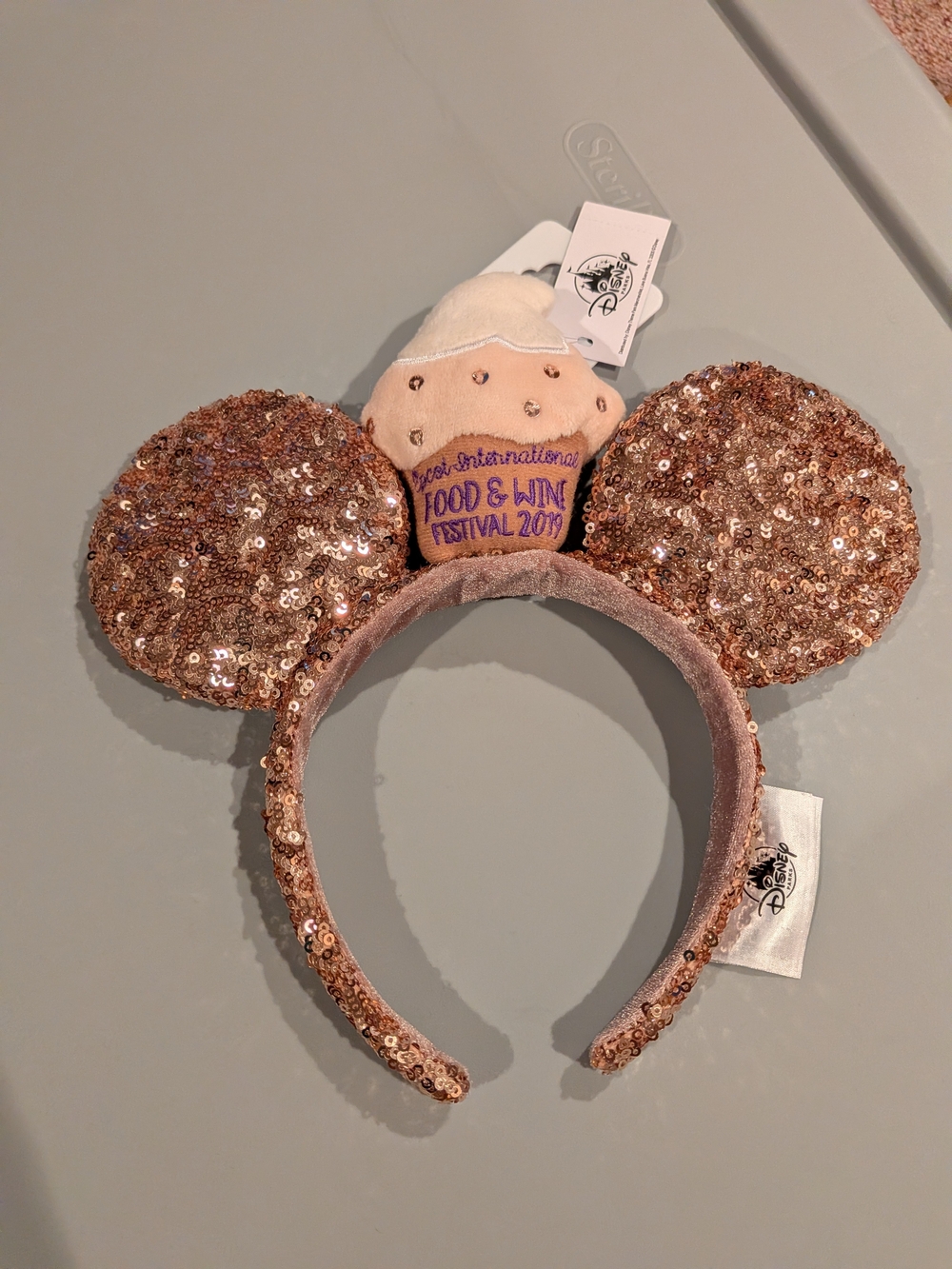 Disney Rose Gold Sequin Minnie Ear Headband with Cupcake- Food And Wine Festival